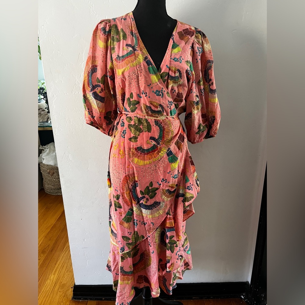 Farm Rio silk cotton pink bird wrap dress size L